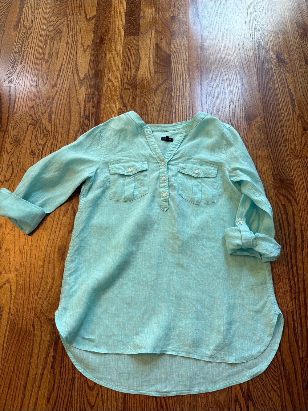 Talbots Light Aqua V-Neck Linen Tunic Top - Women